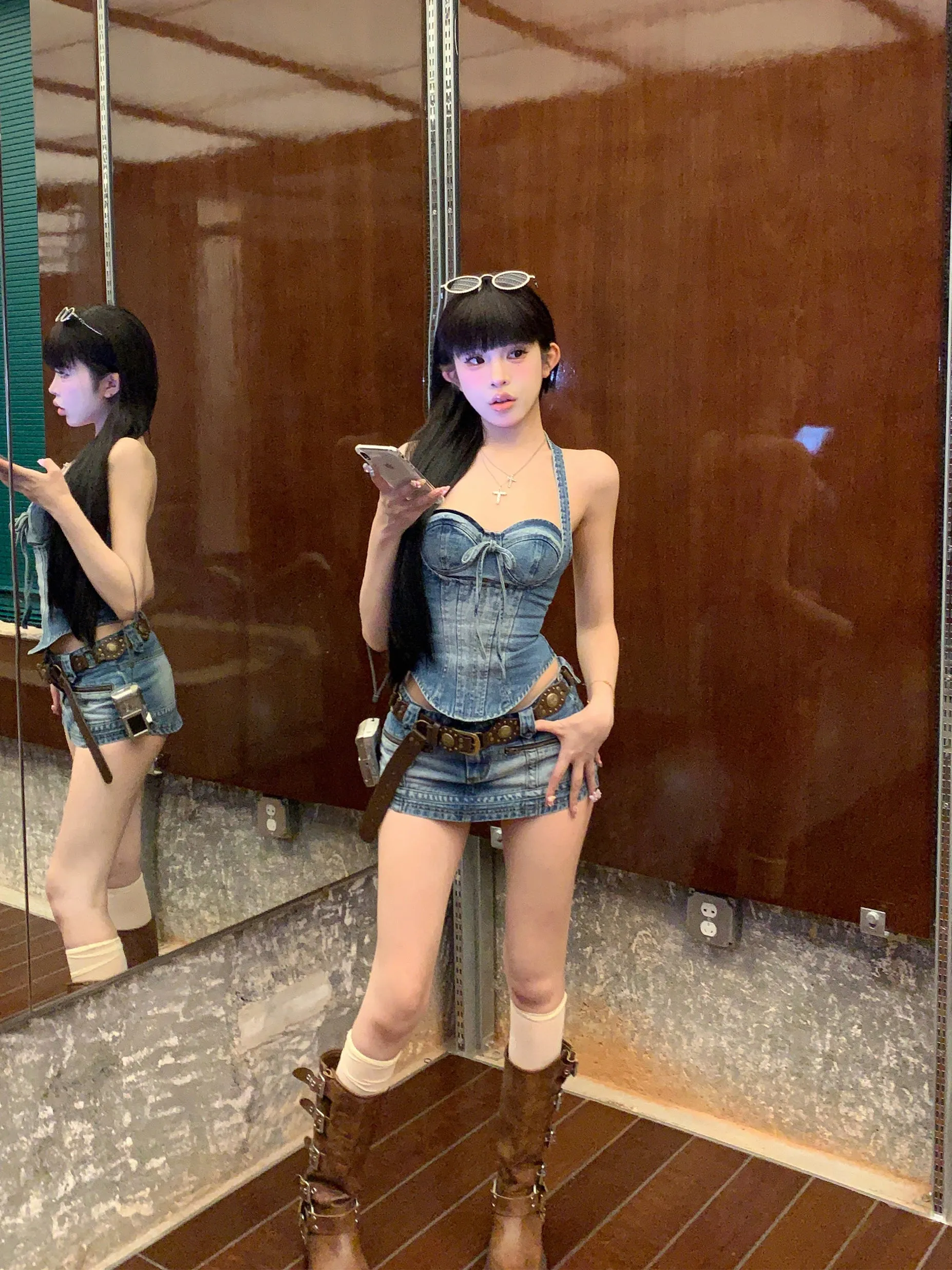 【24s Jul.】Denim Halter Top and Skirt Set 2024 Summer