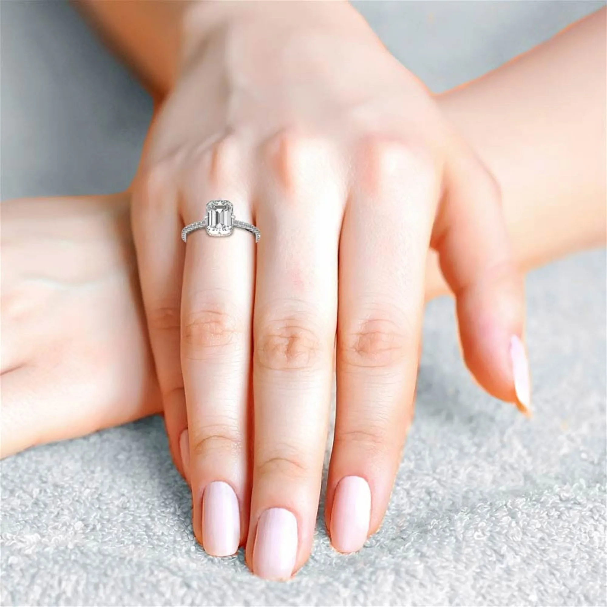 Adjustable Engagement Sterling Silver White Gold Emerald Cut Ring For Woman
