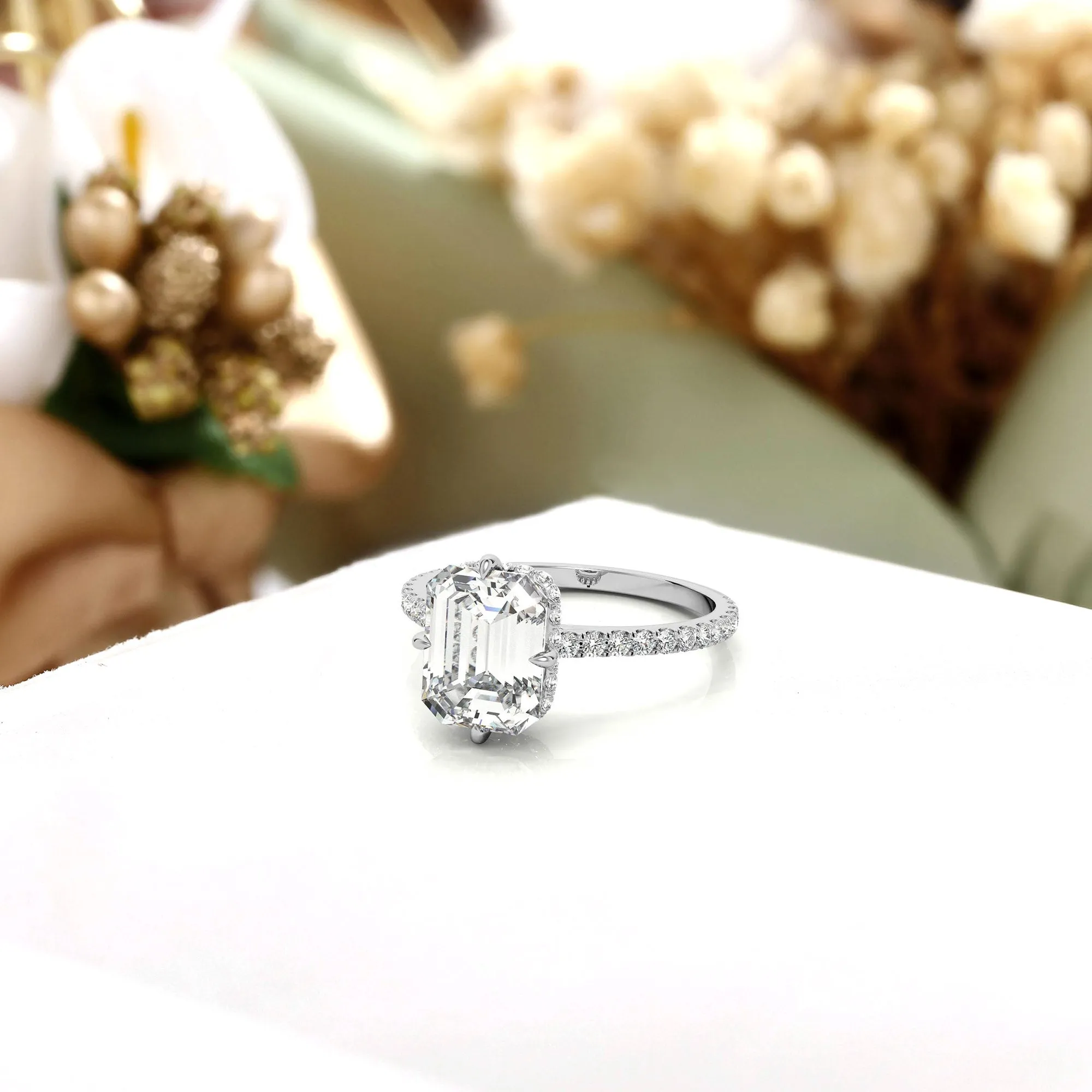 Adjustable Engagement Sterling Silver White Gold Emerald Cut Ring For Woman