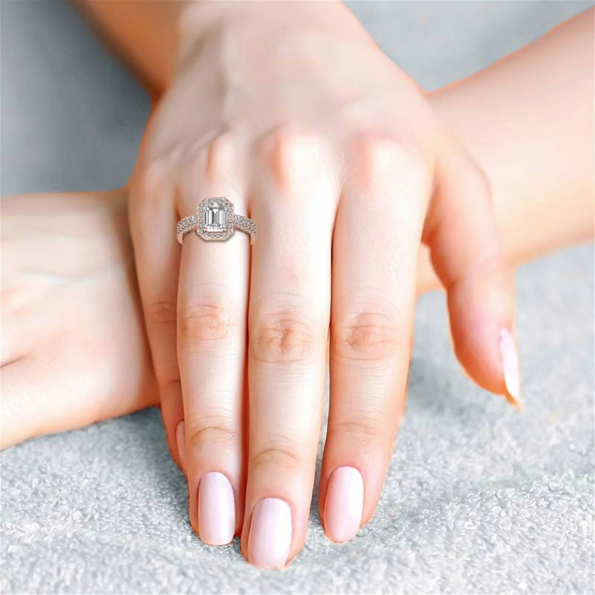 Adjustable  Sterling Silver Engagement Rose Gold Emerald-Cut Ring For Woman
