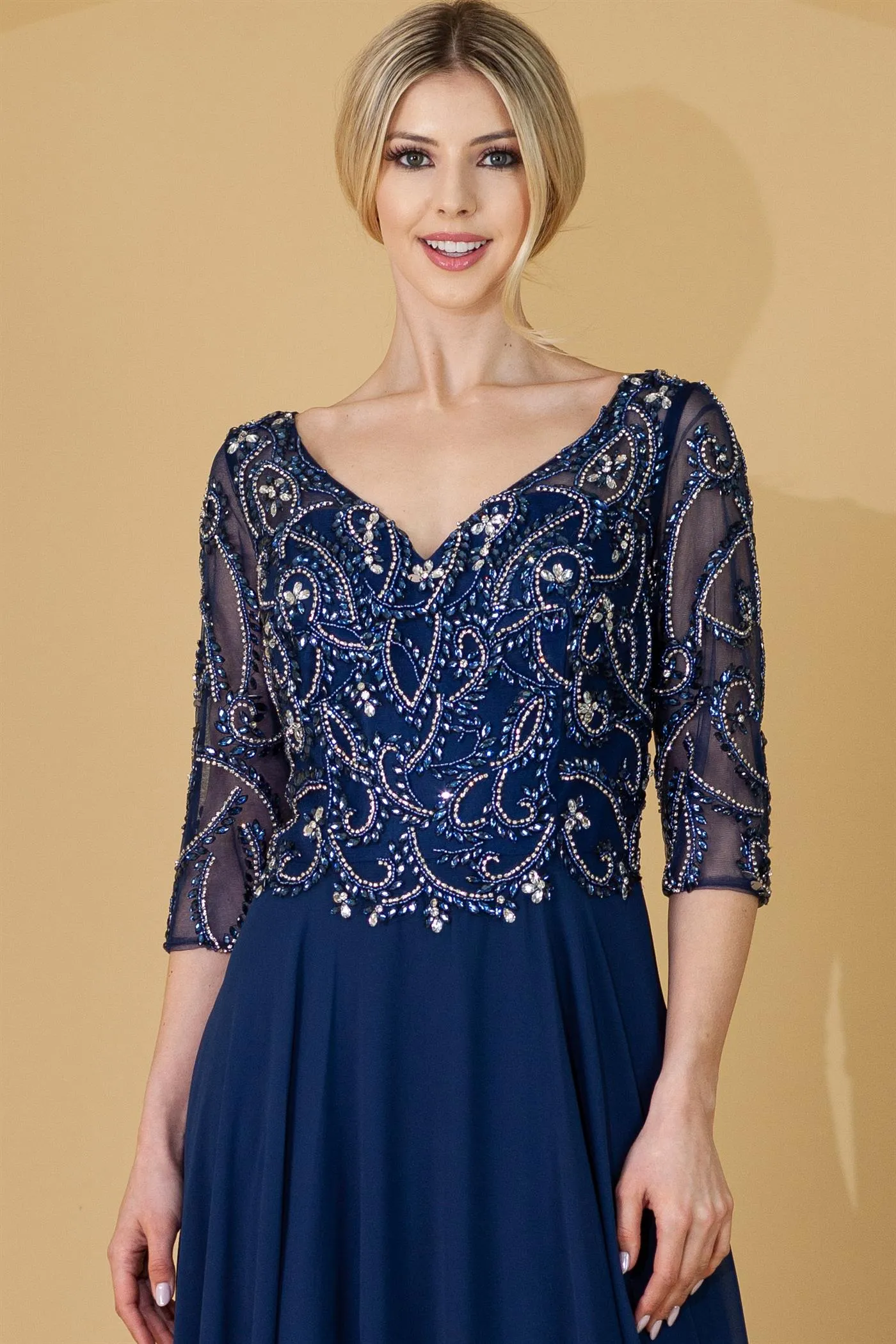 Beaded 3/4 Sleeve V-Neck Chiffon Gown by Amelia Couture 7046