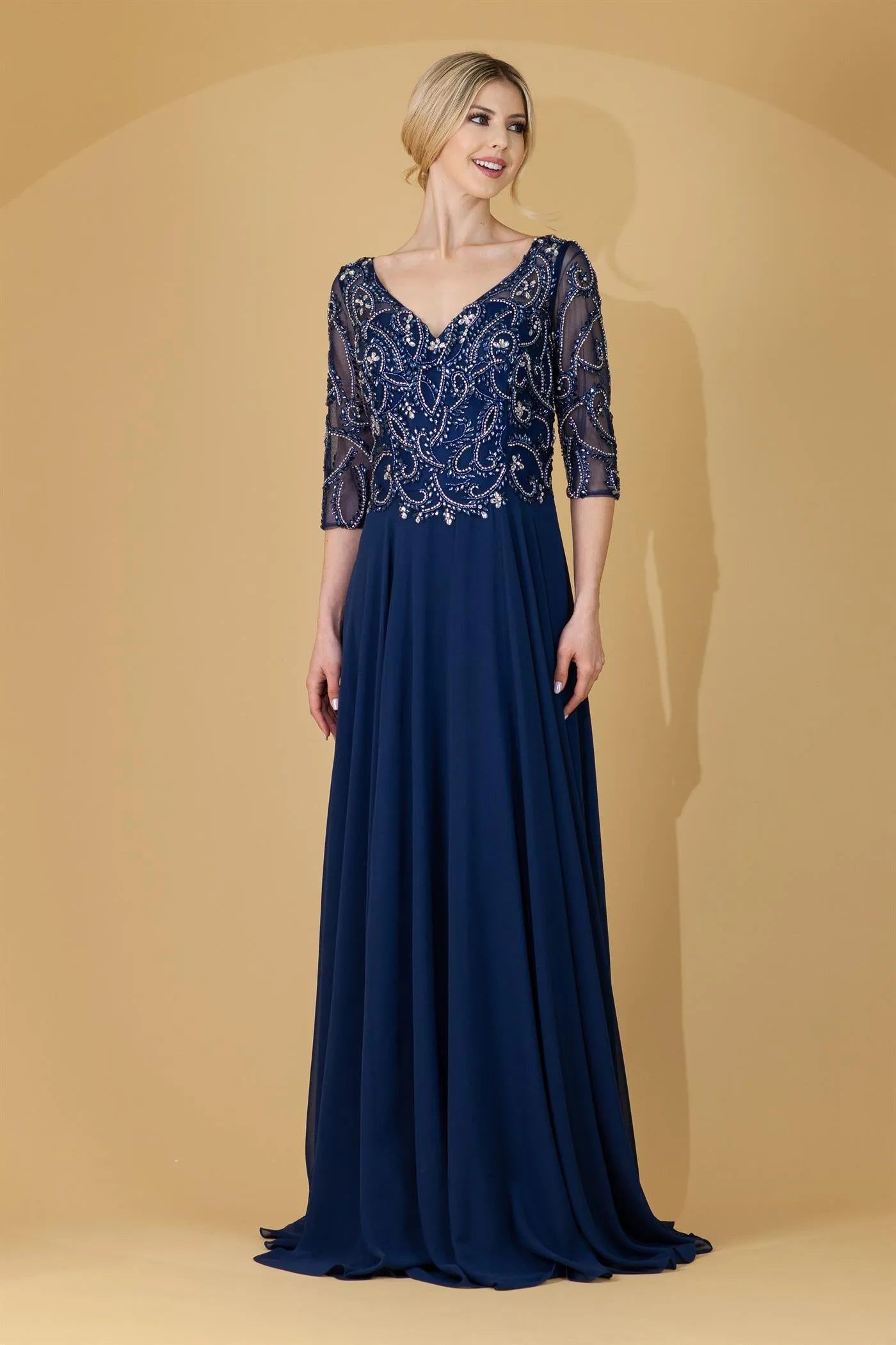 Beaded 3/4 Sleeve V-Neck Chiffon Gown by Amelia Couture 7046