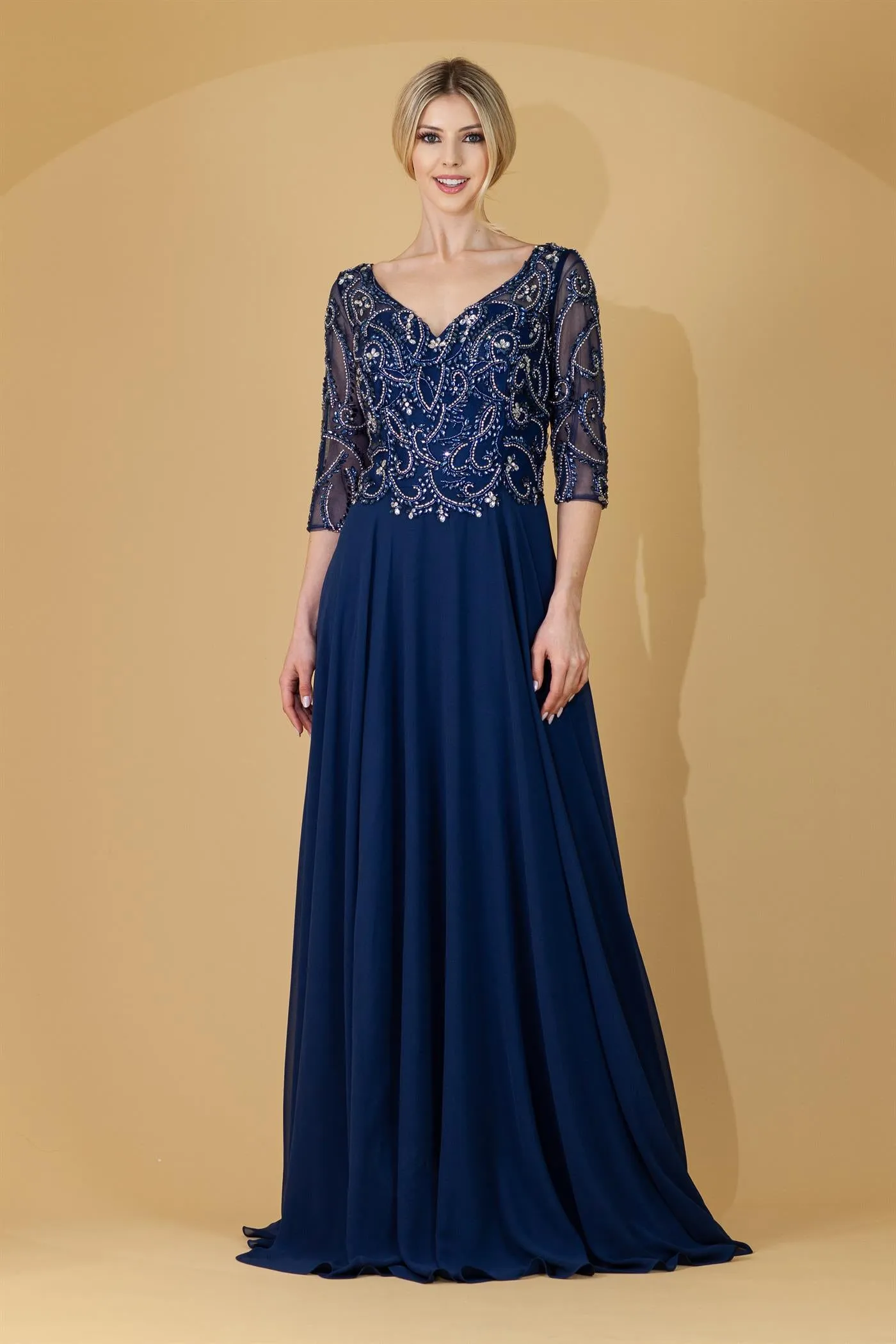 Beaded 3/4 Sleeve V-Neck Chiffon Gown by Amelia Couture 7046