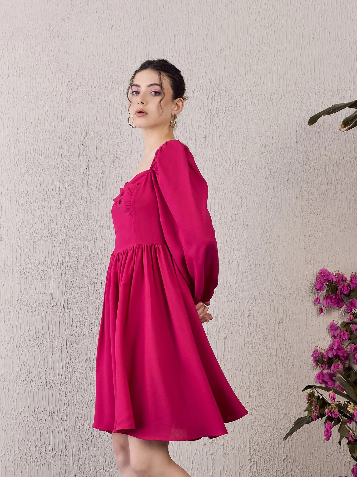 Berrylush Women Solid Pink Sweetheart Neck Puff Sleeves Back Zipper-Up Pleated Fit & Flare Mini Dress