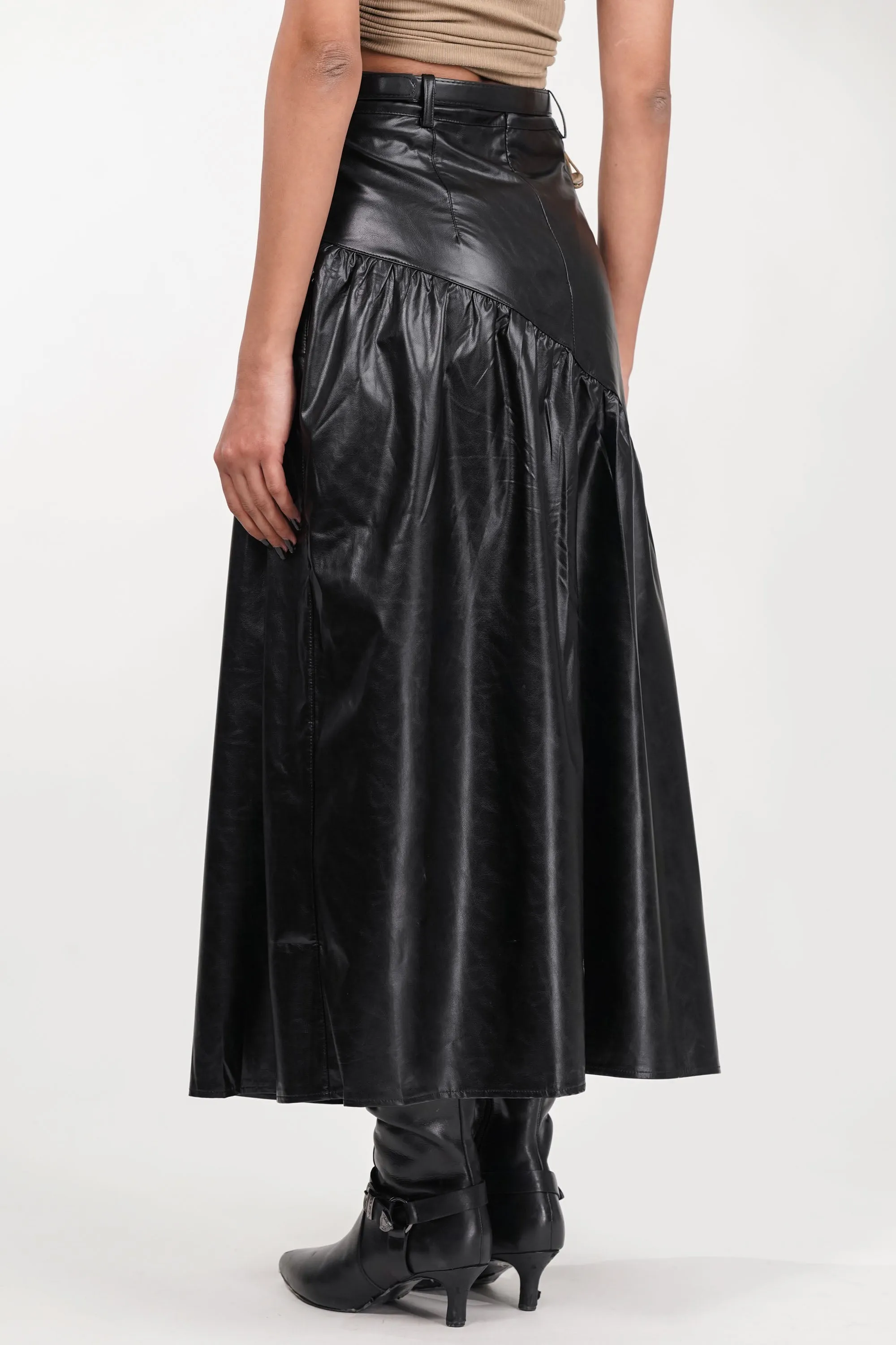 Black Drift Pleated Leather Skirt