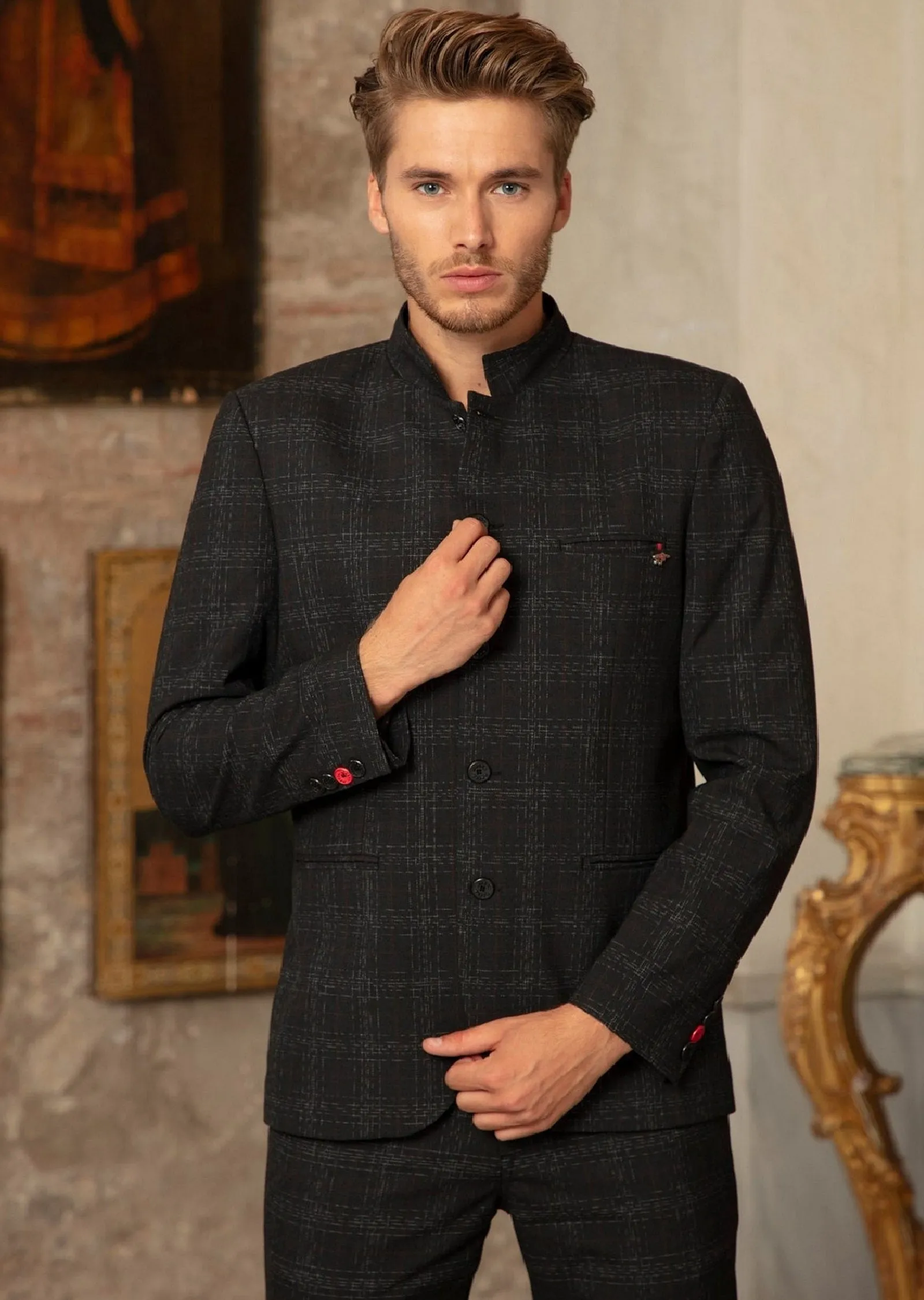 Black Mandarin Collar 2-Pieces Suit