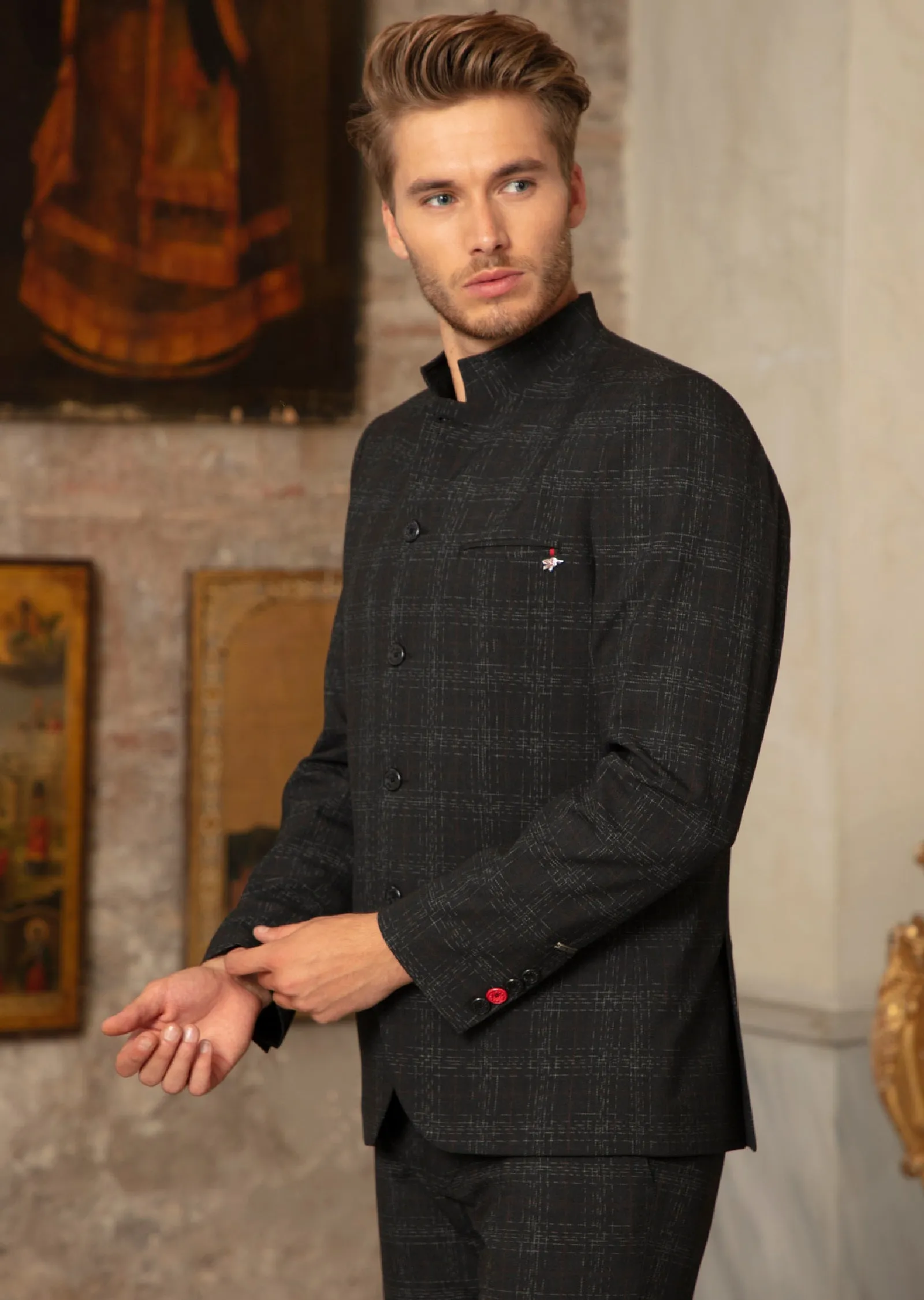 Black Mandarin Collar 2-Pieces Suit