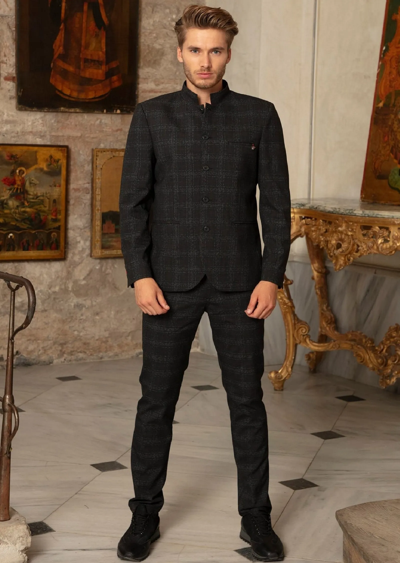 Black Mandarin Collar 2-Pieces Suit