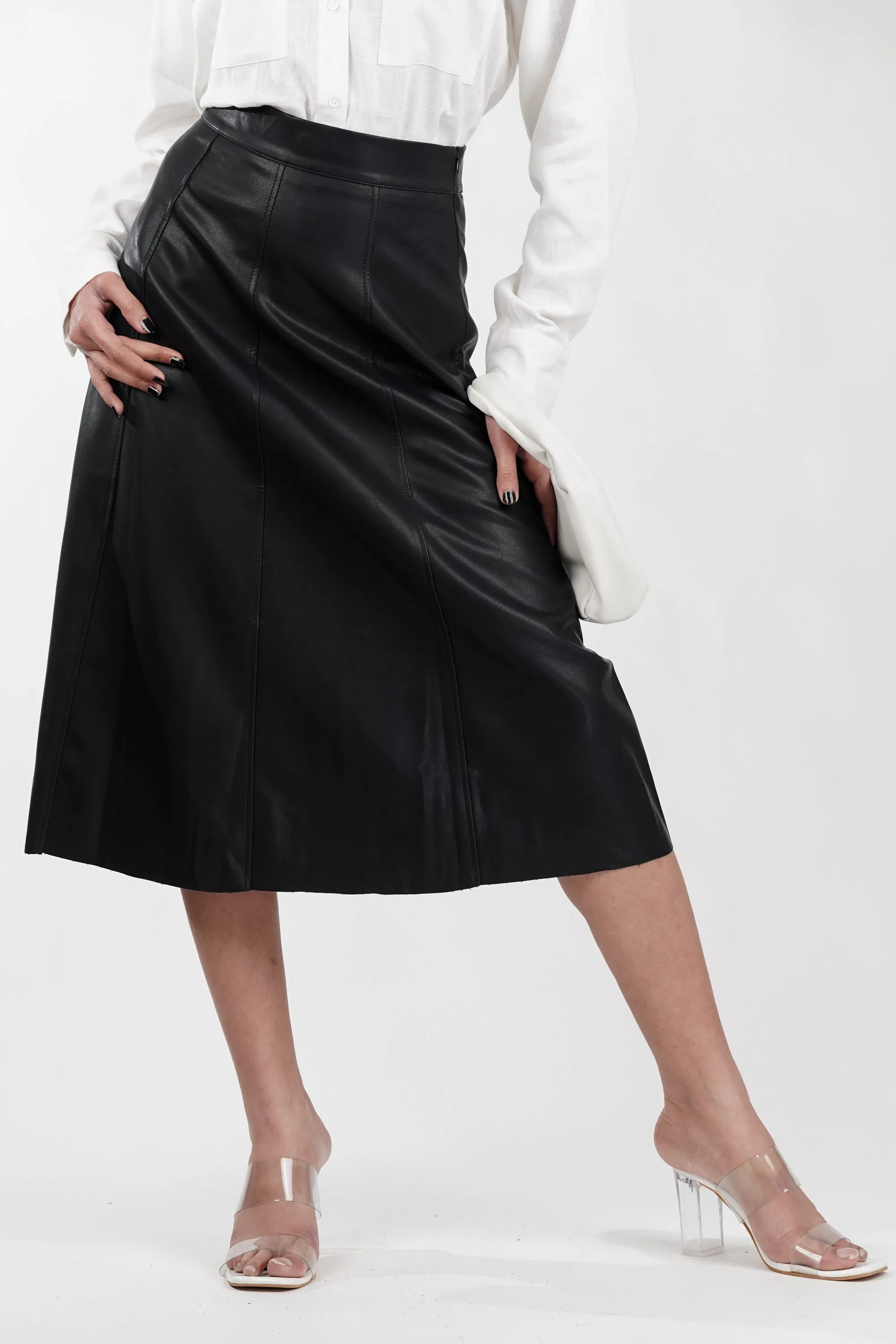 Black Panelled Edge Leather Skirt