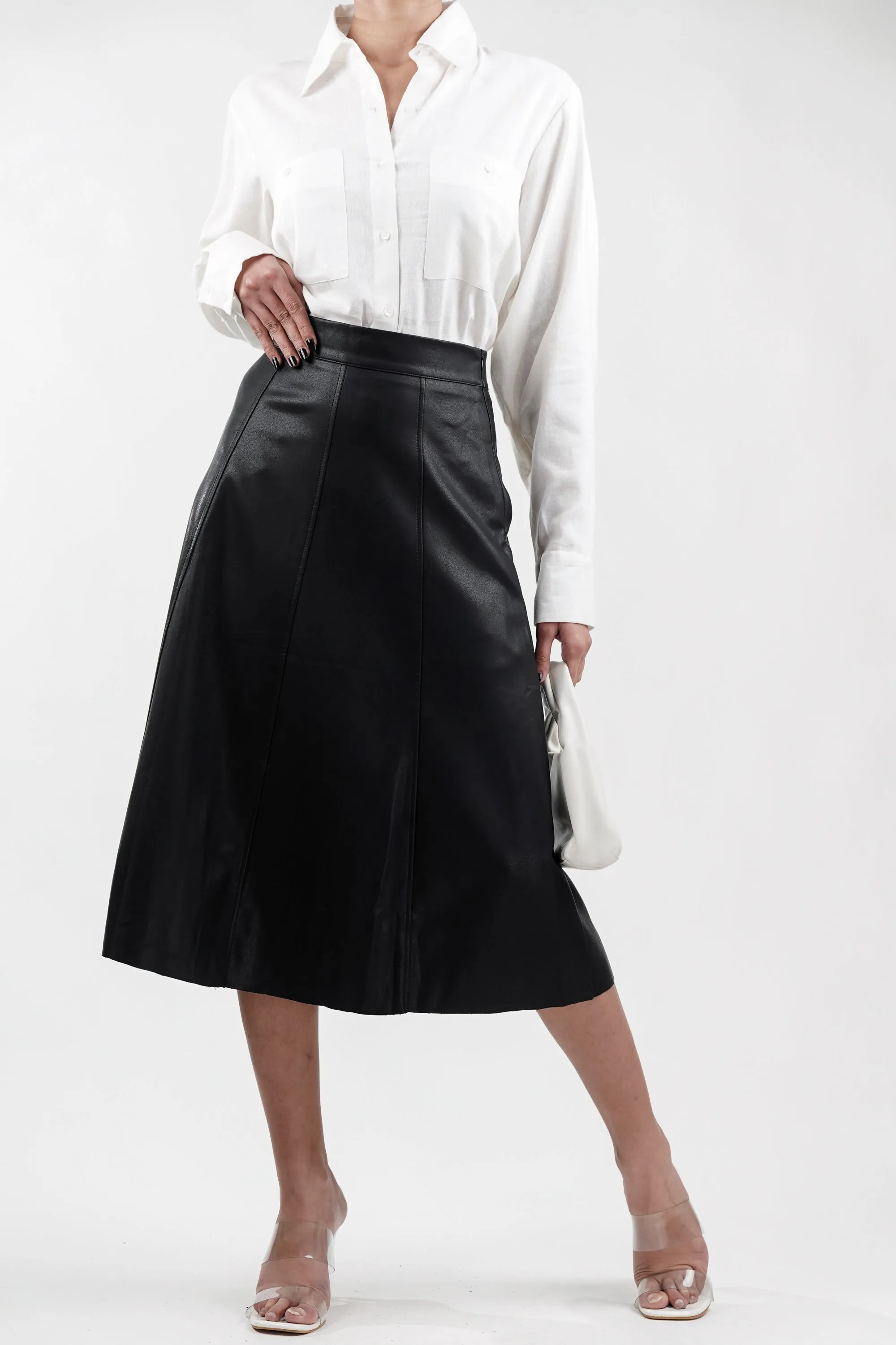 Black Panelled Edge Leather Skirt