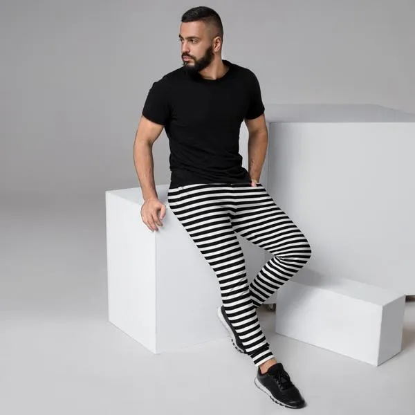 Black White Minimalist Men's Joggers, Modern Simple Minimalist Sweatpants For Men-Made in EU/MX