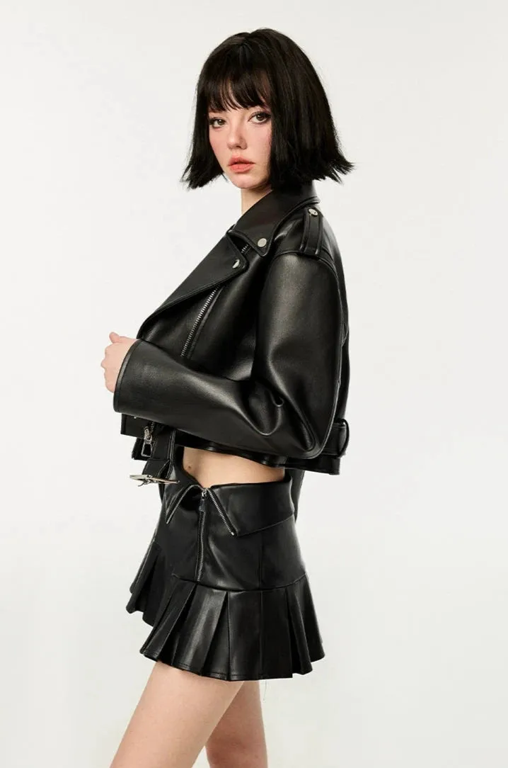 Boxy Faux Leather Jacket and Pleated Side Zip Mini Skirt Two-Piece Set