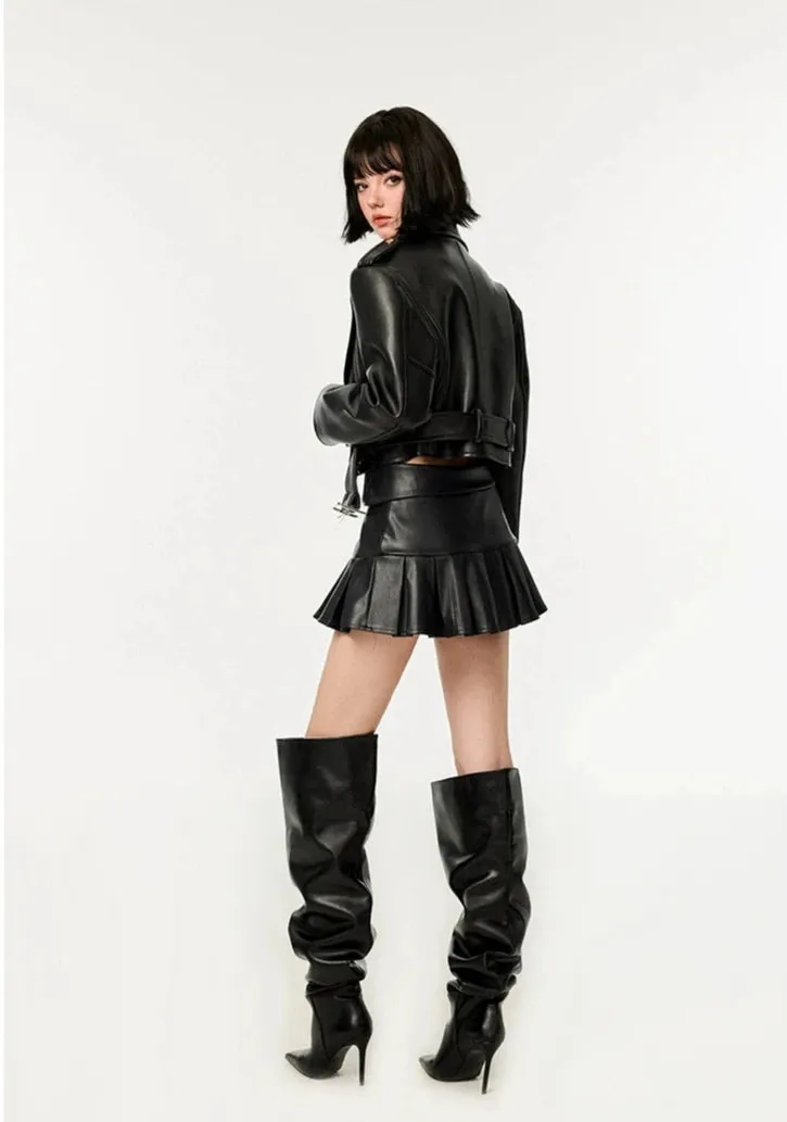 Boxy Faux Leather Jacket and Pleated Side Zip Mini Skirt Two-Piece Set