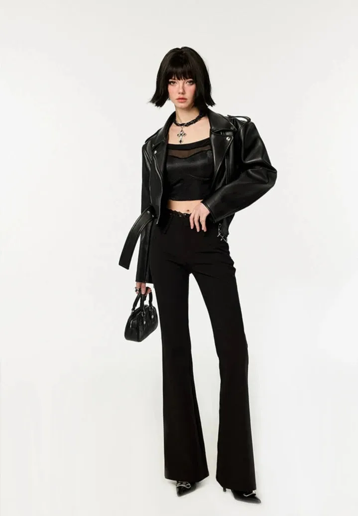 Boxy Faux Leather Jacket and Pleated Side Zip Mini Skirt Two-Piece Set