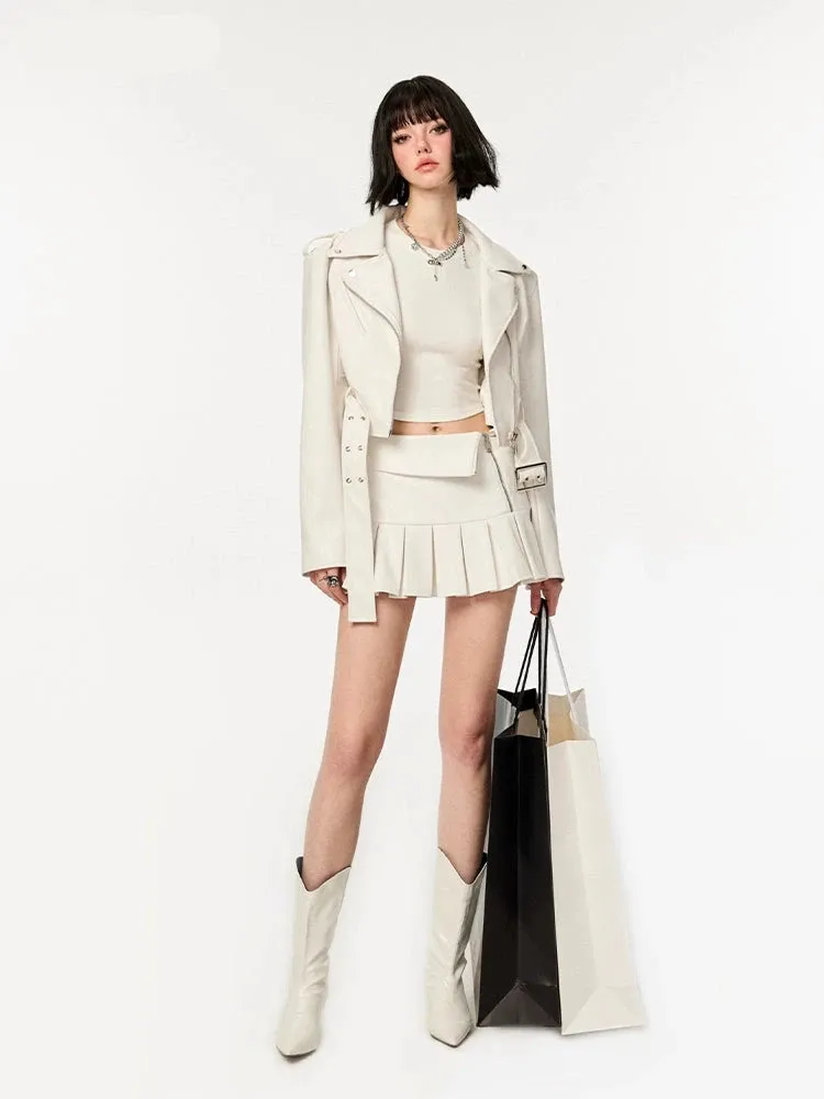 Boxy Faux Leather Jacket and Pleated Side Zip Mini Skirt Two-Piece Set