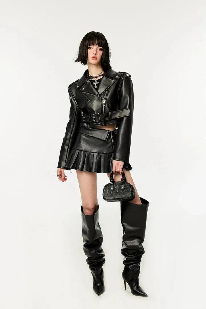 Boxy Faux Leather Jacket and Pleated Side Zip Mini Skirt Two-Piece Set