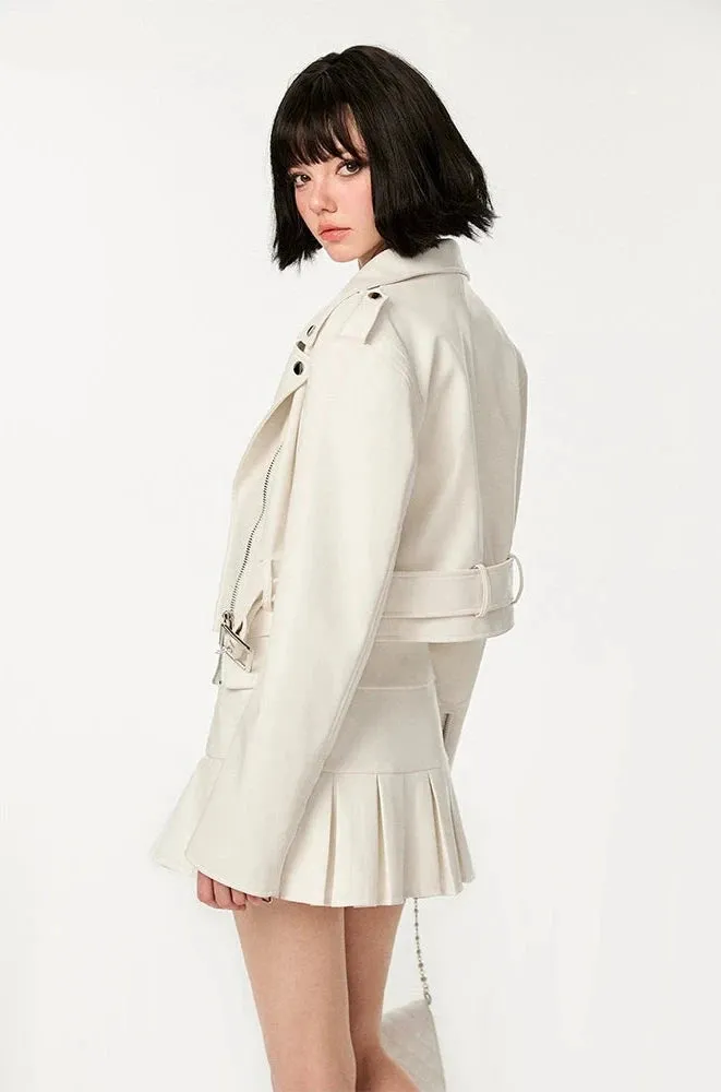 Boxy Faux Leather Jacket and Pleated Side Zip Mini Skirt Two-Piece Set