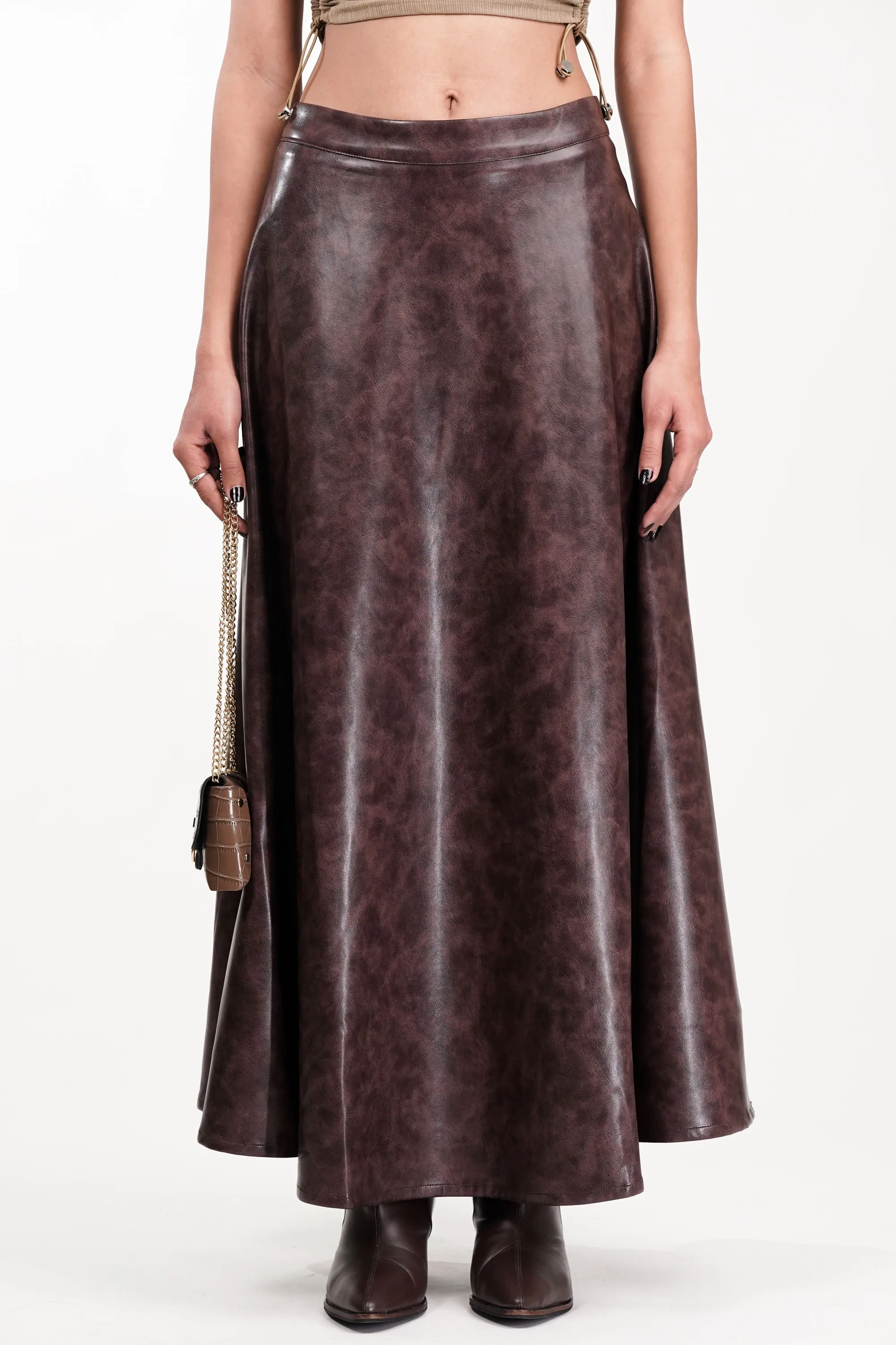 Burnt Umber Flared Leather Skirt