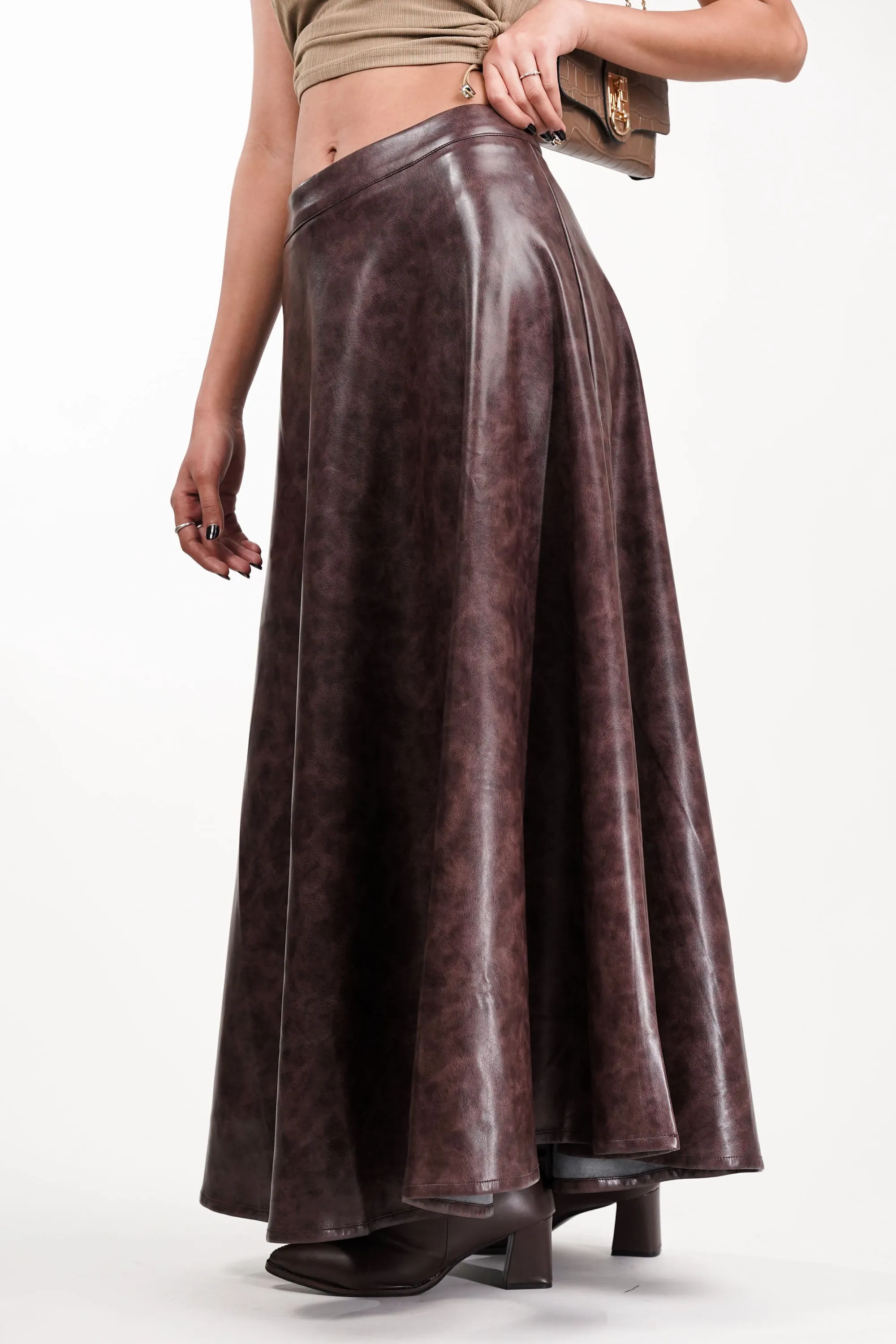 Burnt Umber Flared Leather Skirt