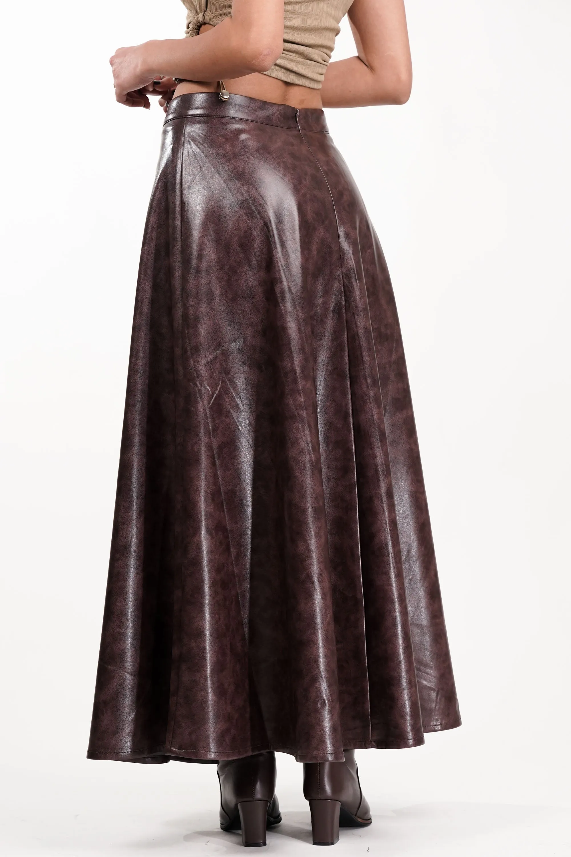 Burnt Umber Flared Leather Skirt