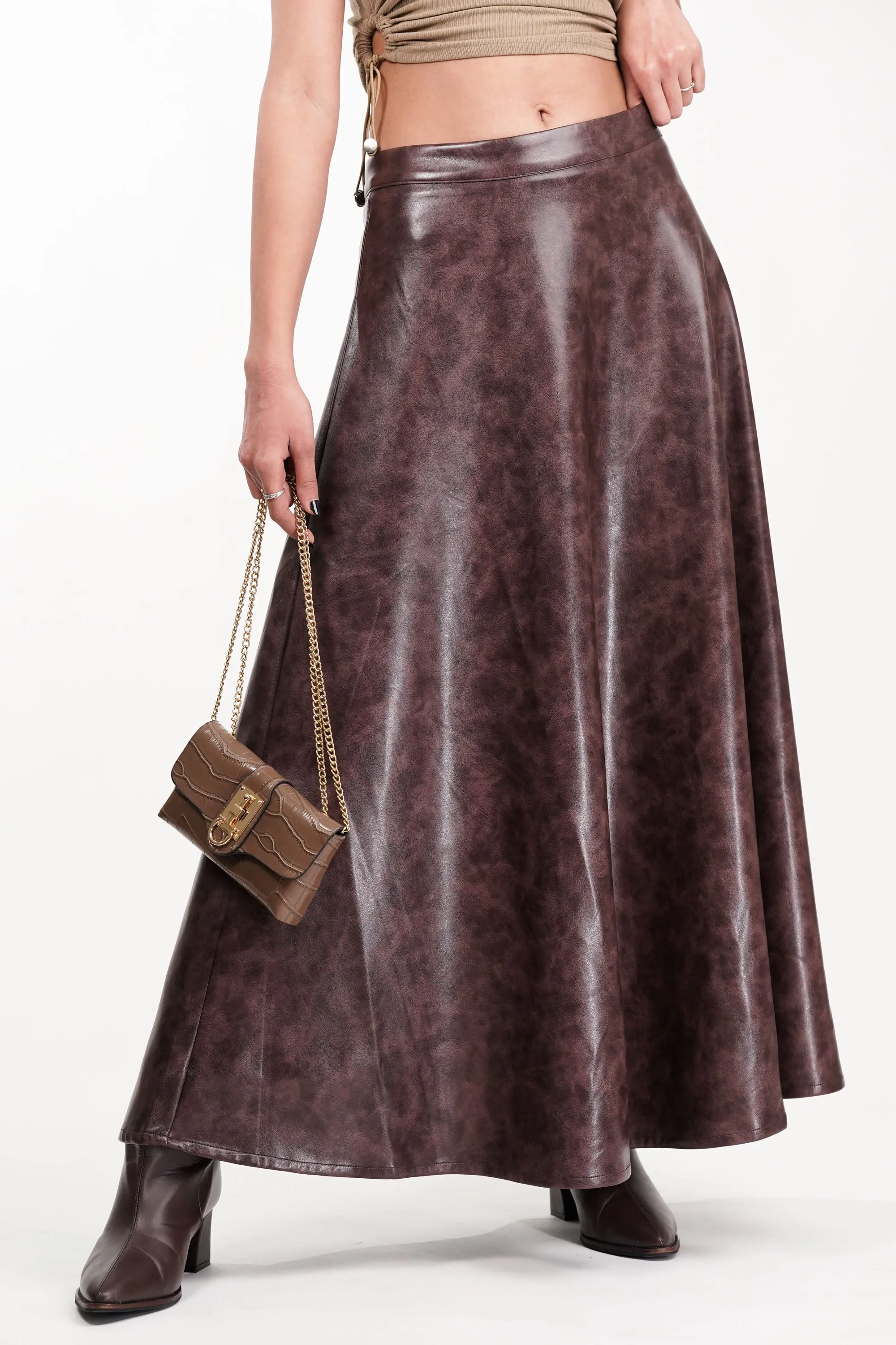 Burnt Umber Flared Leather Skirt