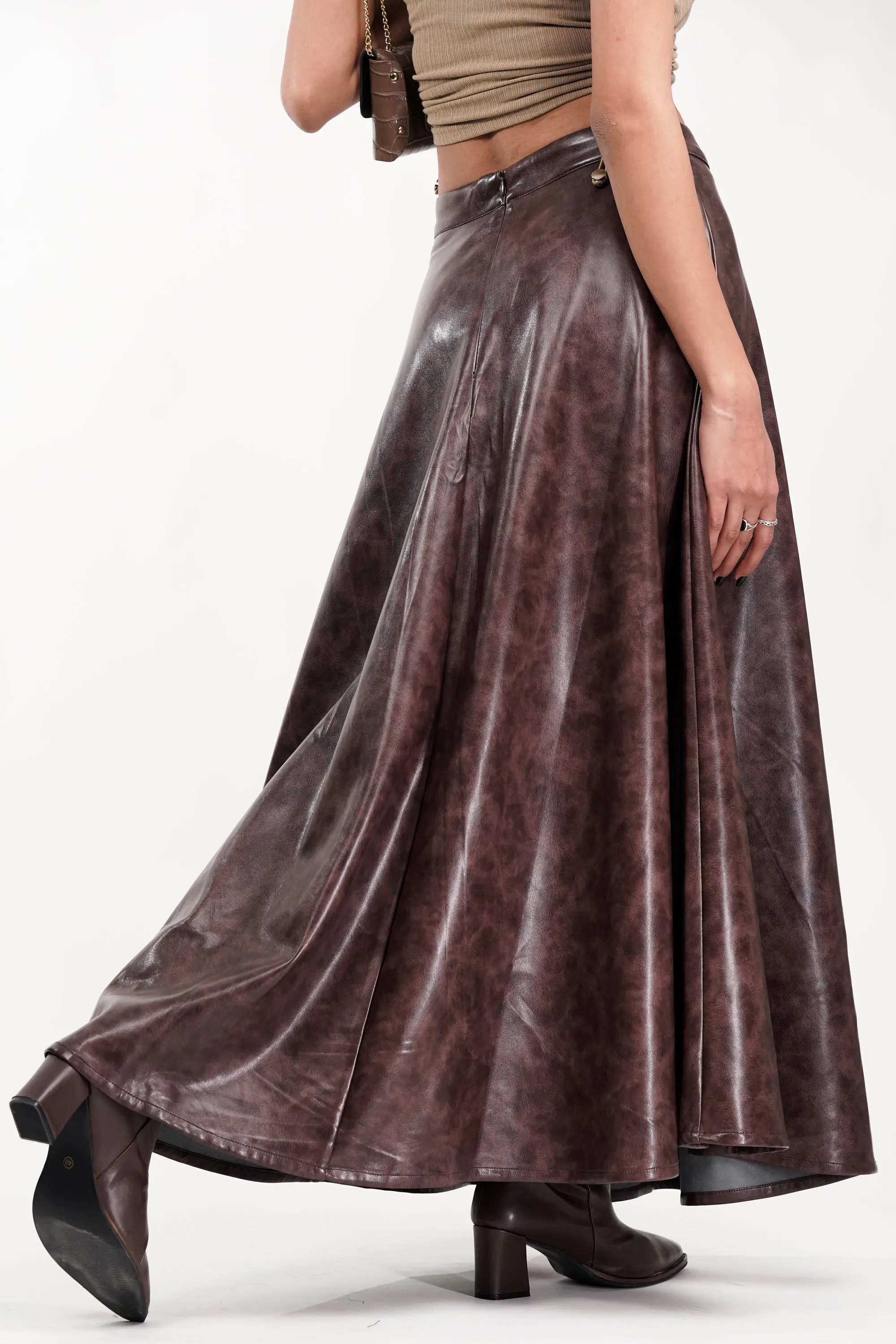 Burnt Umber Flared Leather Skirt