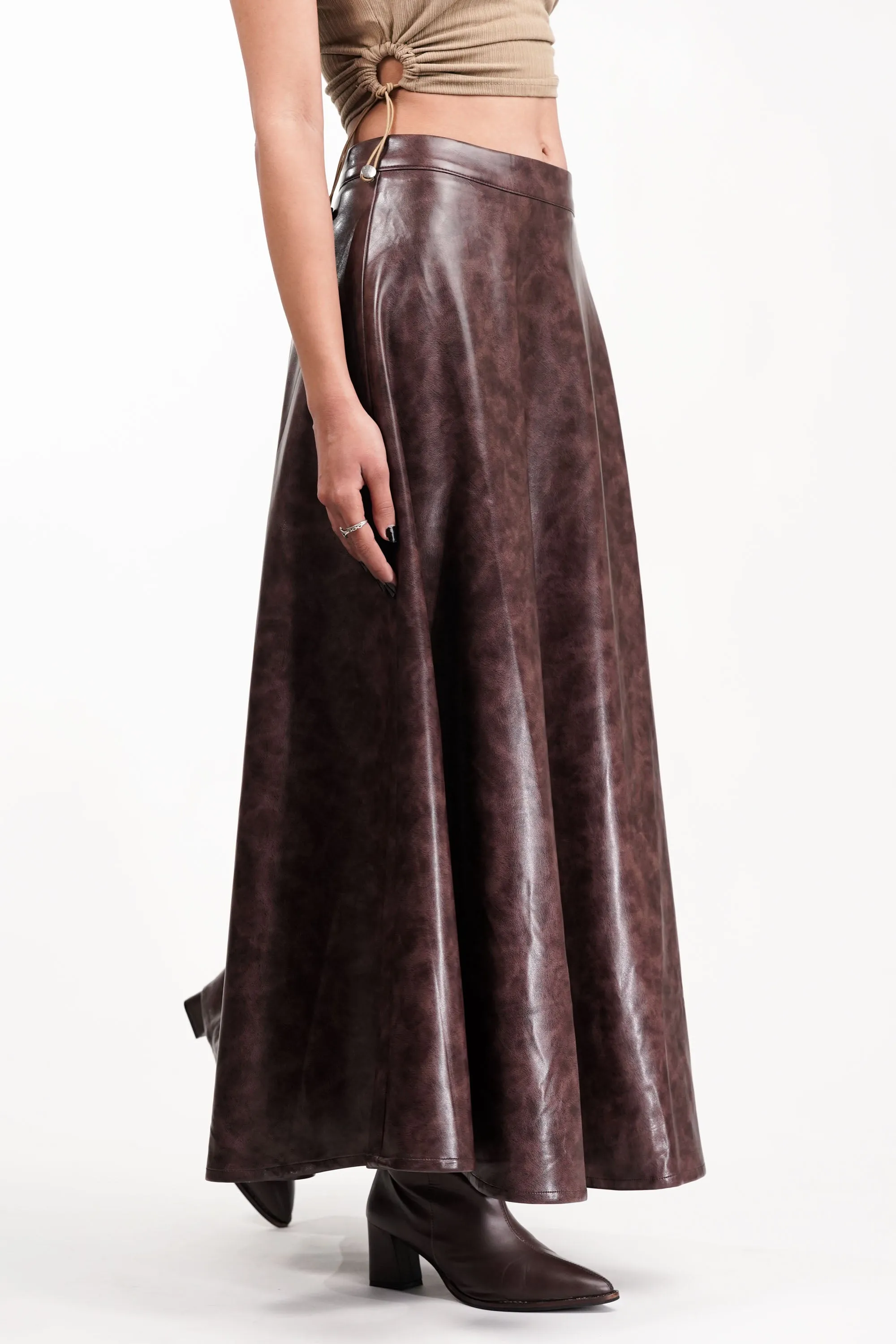 Burnt Umber Flared Leather Skirt