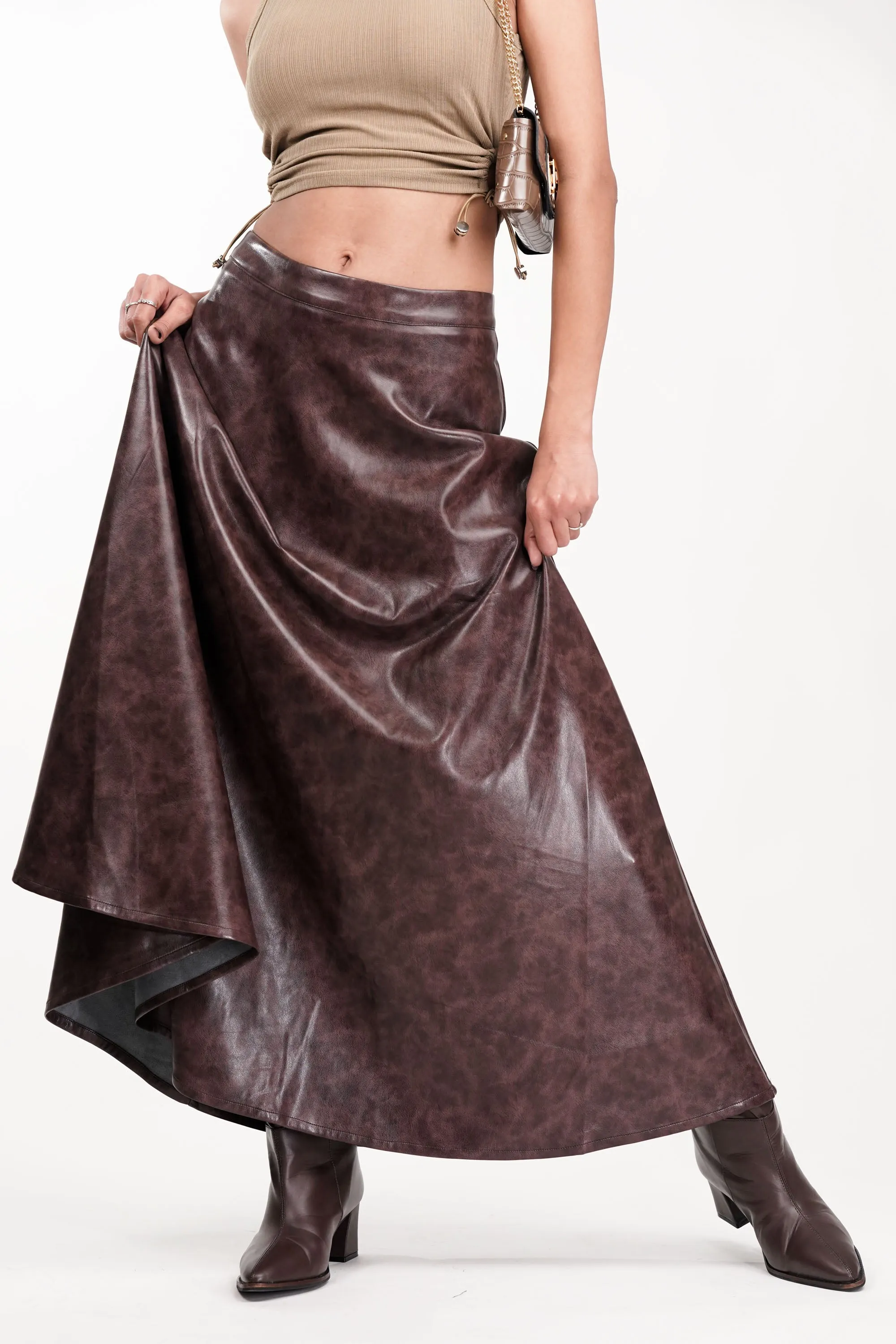 Burnt Umber Flared Leather Skirt