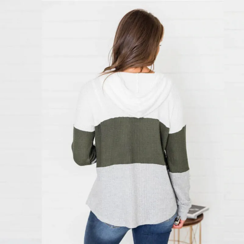 Casual Pullover Drawstring Loose Colorblock Long Hoodie