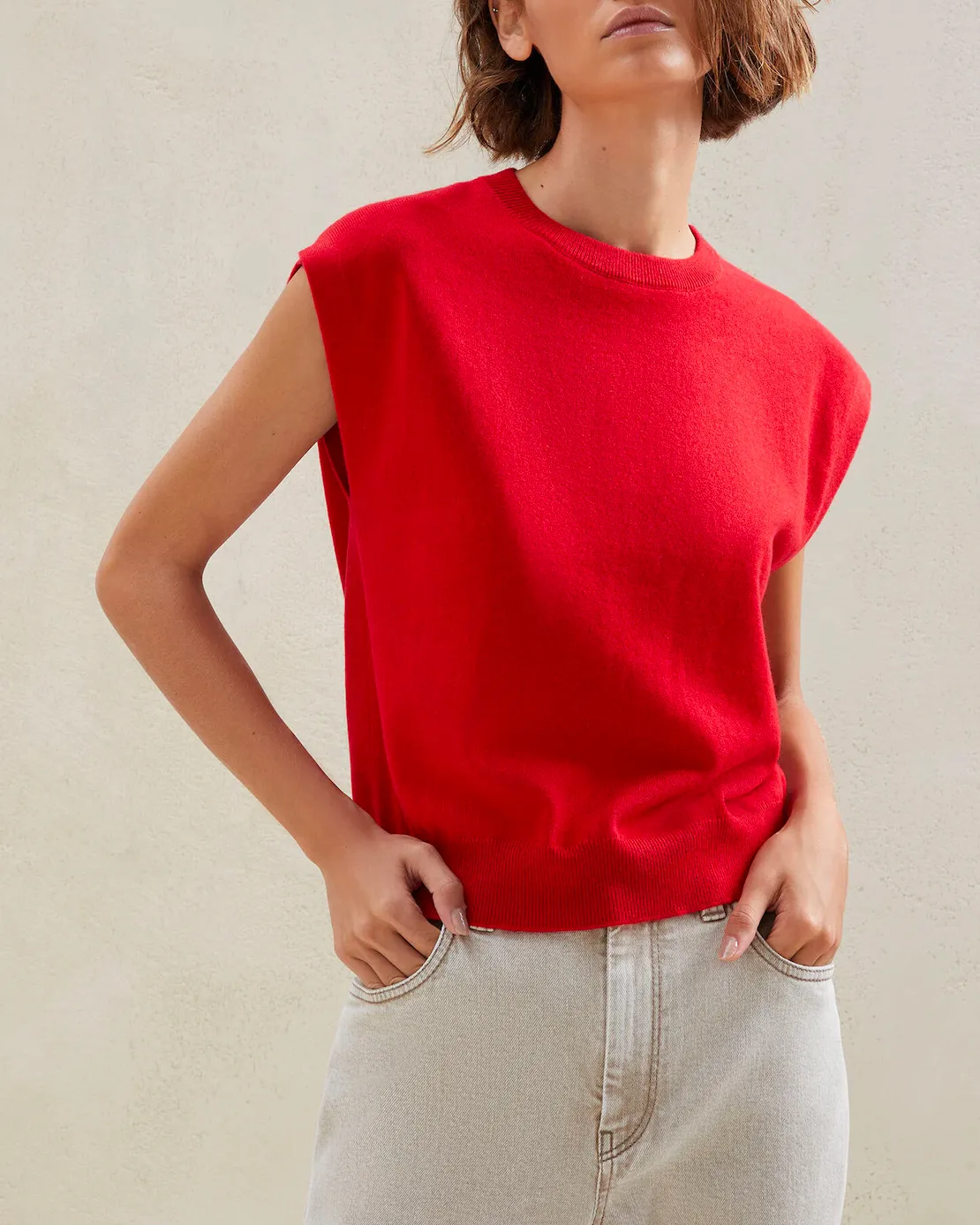 Chili Red Cashmere Cap Sleeve Pullover