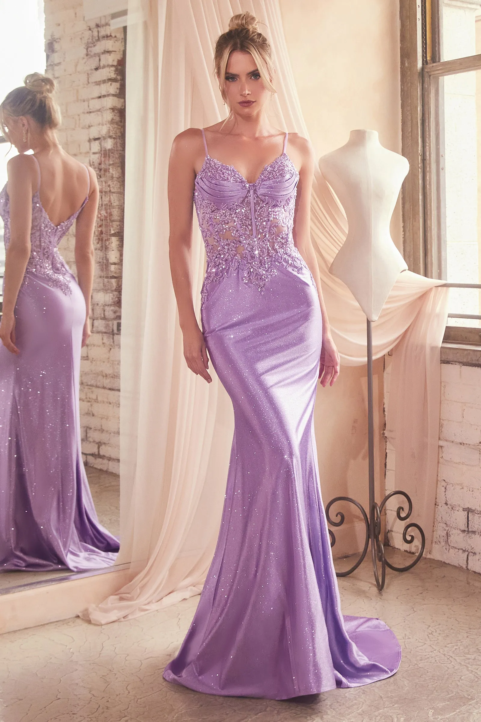 CINDERELLA DIVINE CDS450 Fitted Glitter Stretch Satin Gown