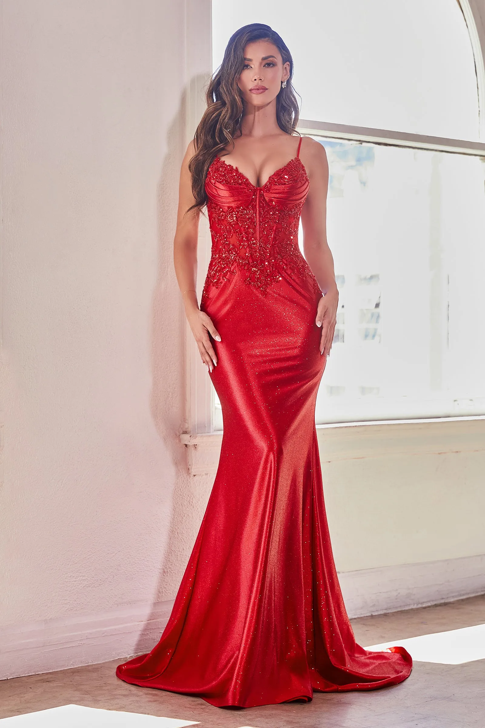 CINDERELLA DIVINE CDS450 Fitted Glitter Stretch Satin Gown