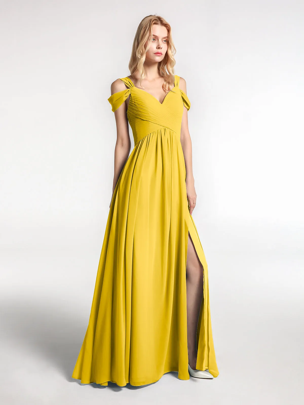 Cold Shoulder Empire Waist Max Dress with Slit Marigold Plus Size
