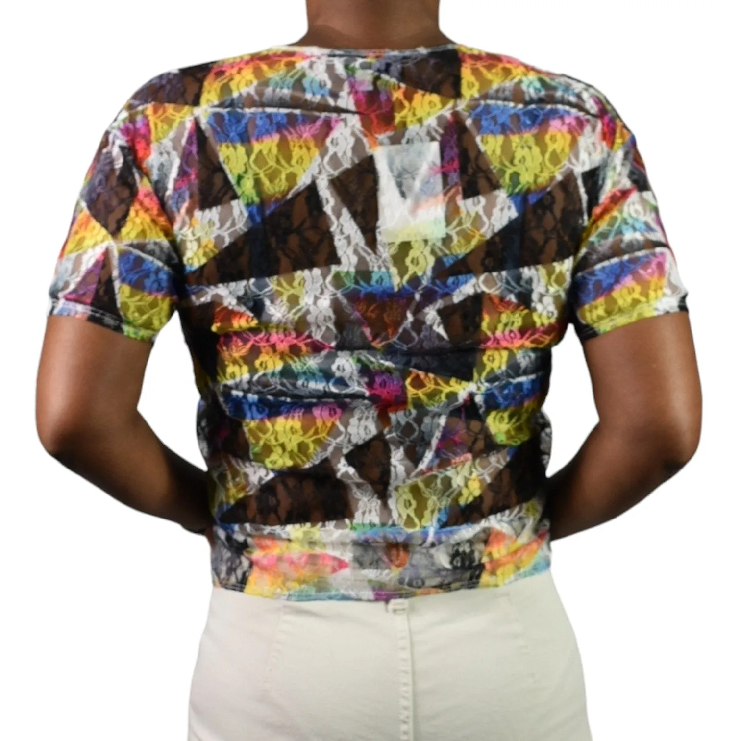 Collina Strada Lace T Shirt White Multicolor Blouse Rainbow Abstract Geo Top Short Sleeves Size Medium