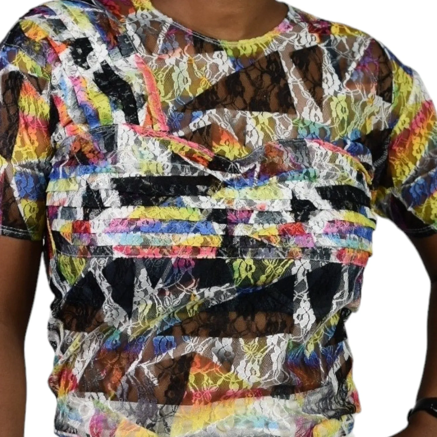 Collina Strada Lace T Shirt White Multicolor Blouse Rainbow Abstract Geo Top Short Sleeves Size Medium