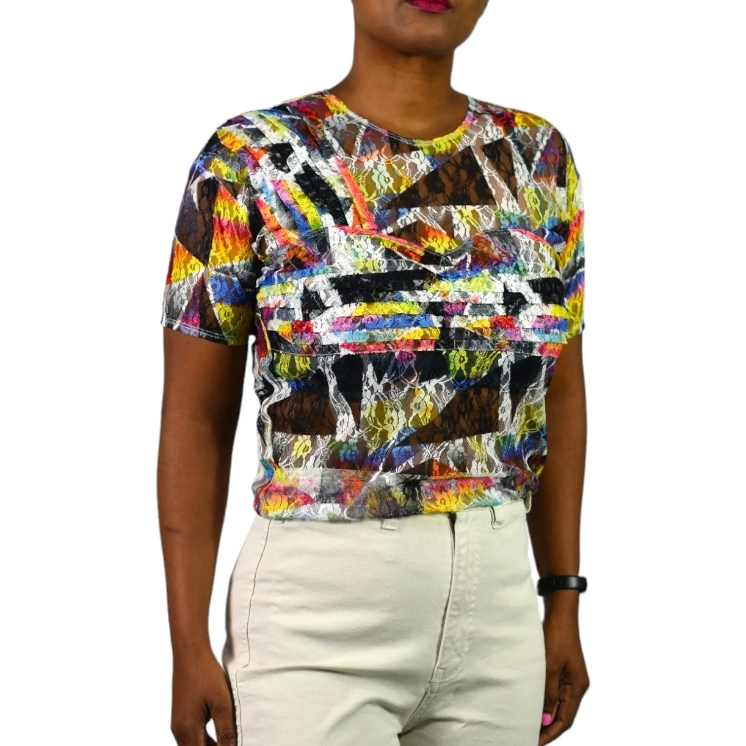 Collina Strada Lace T Shirt White Multicolor Blouse Rainbow Abstract Geo Top Short Sleeves Size Medium