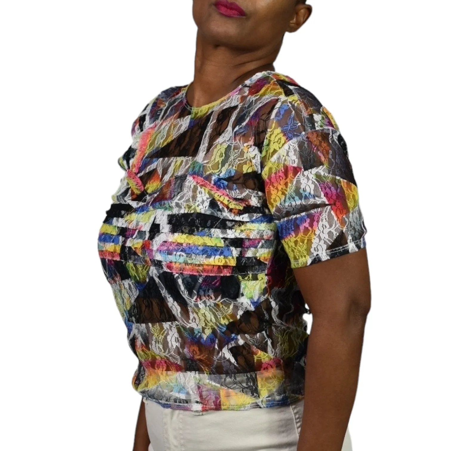 Collina Strada Lace T Shirt White Multicolor Blouse Rainbow Abstract Geo Top Short Sleeves Size Medium