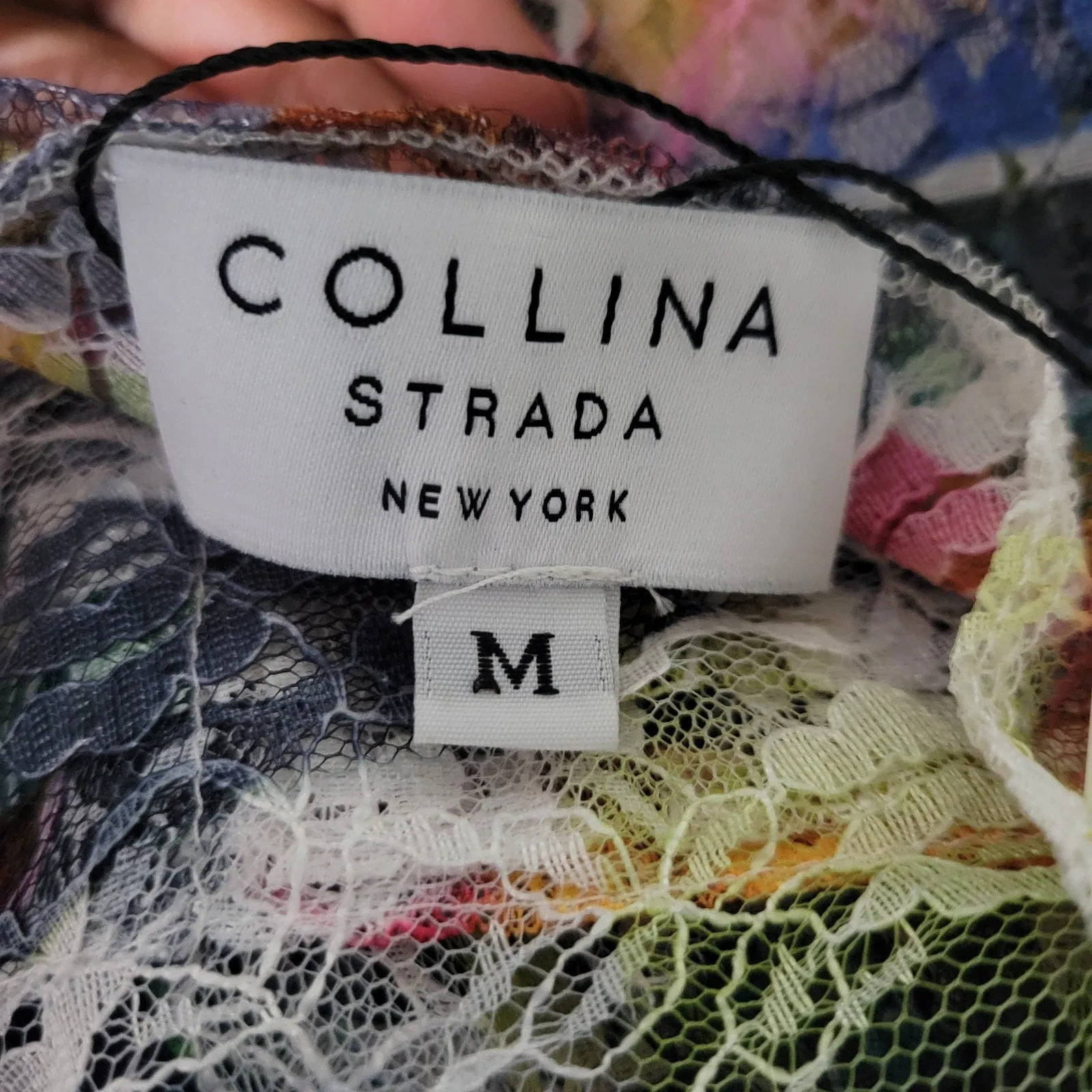Collina Strada Lace T Shirt White Multicolor Blouse Rainbow Abstract Geo Top Short Sleeves Size Medium