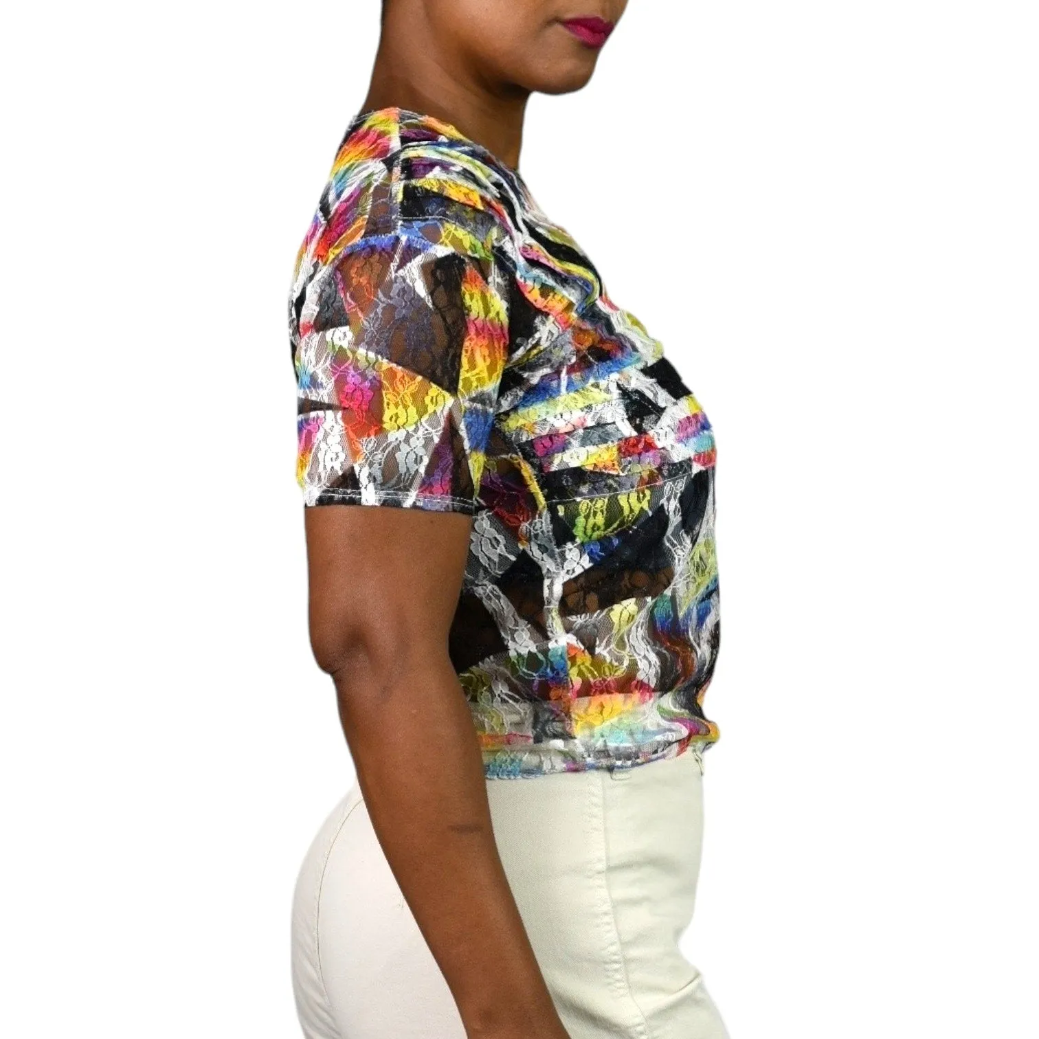Collina Strada Lace T Shirt White Multicolor Blouse Rainbow Abstract Geo Top Short Sleeves Size Medium