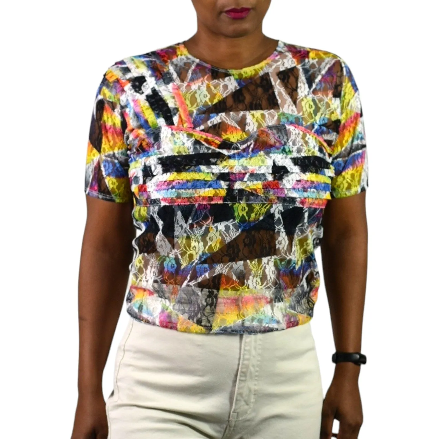 Collina Strada Lace T Shirt White Multicolor Blouse Rainbow Abstract Geo Top Short Sleeves Size Medium