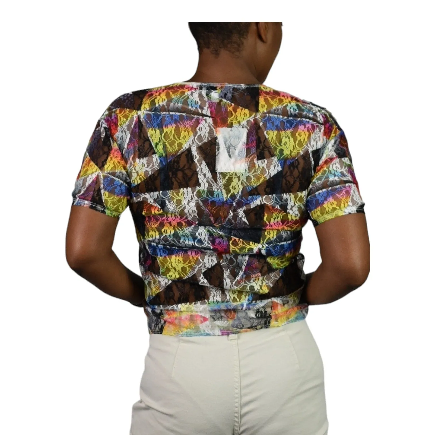 Collina Strada Lace T Shirt White Multicolor Blouse Rainbow Abstract Geo Top Short Sleeves Size Medium