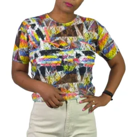 Collina Strada Lace T Shirt White Multicolor Blouse Rainbow Abstract Geo Top Short Sleeves Size Medium