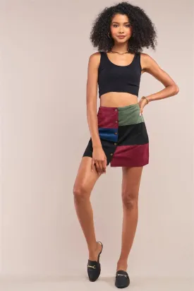 Color Block Front Suede High Waisted Button Up Mini Skirt /1-1-2-1