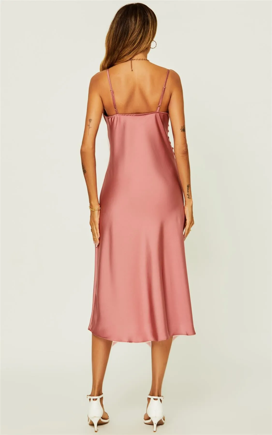 Cowl Neck Button Detail Slip Cami Midi Dress In Dusty Rose