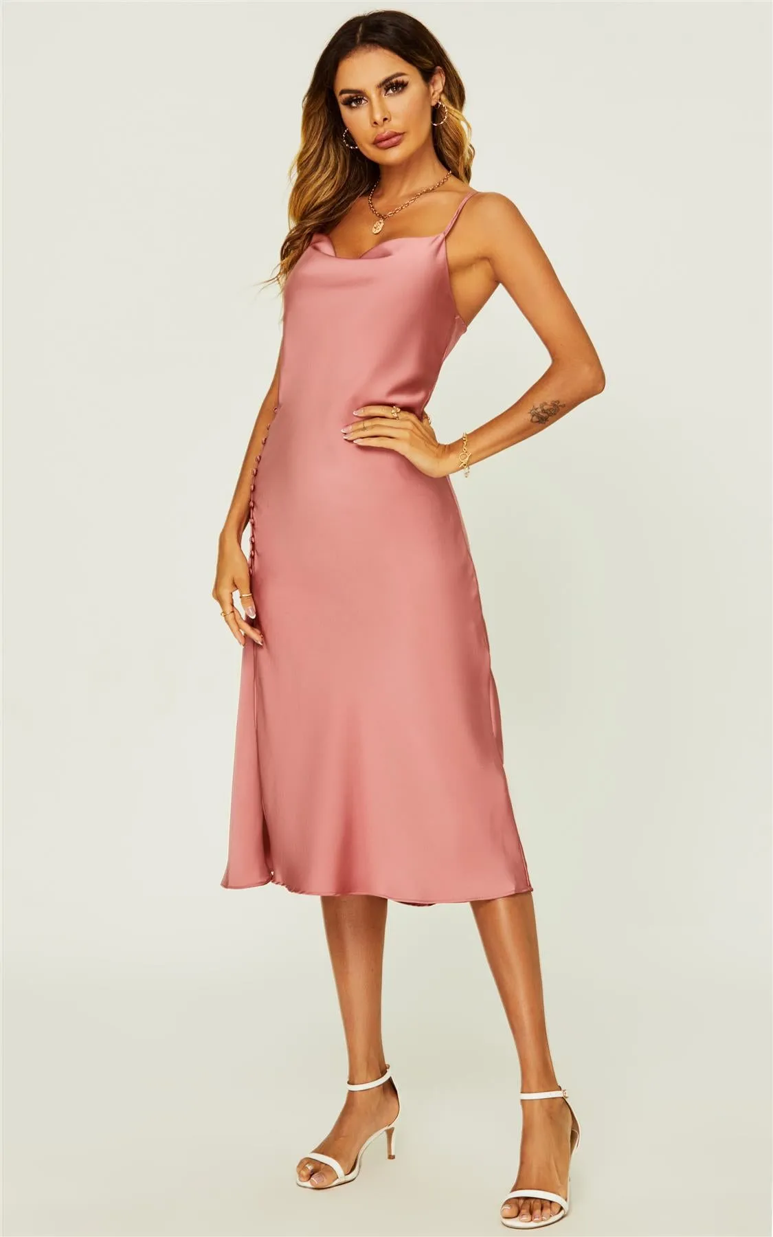 Cowl Neck Button Detail Slip Cami Midi Dress In Dusty Rose