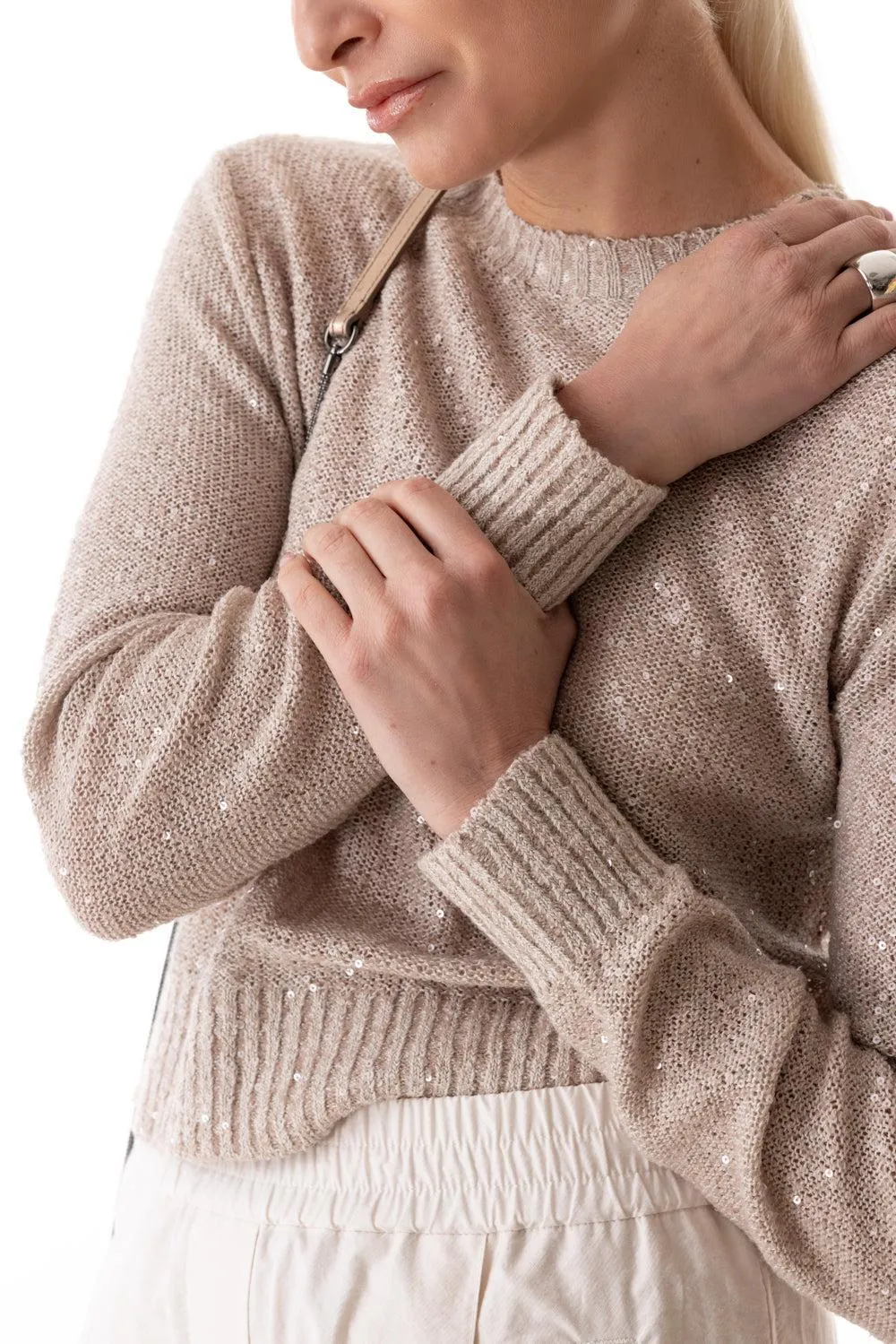 Crewneck Knit Pullover - Light Beige