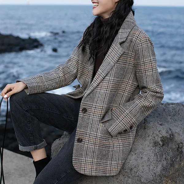 Double Breasted Khaki Lapel Collar Checkered Blazer Suit Womens