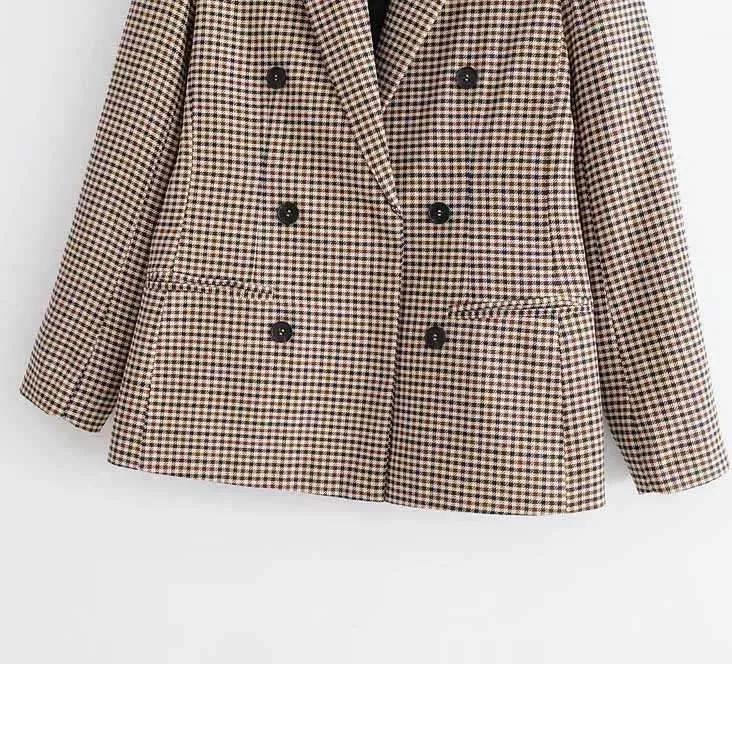 Double Breasted Khaki Lapel Collar Checkered Blazer Suit Womens