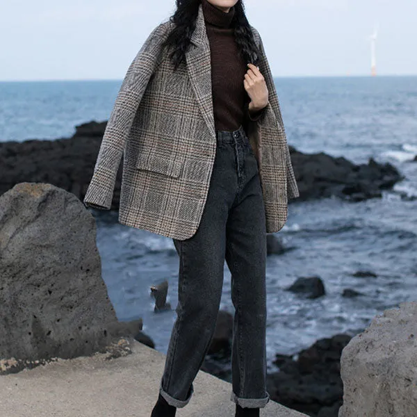 Double Breasted Khaki Lapel Collar Checkered Blazer Suit Womens