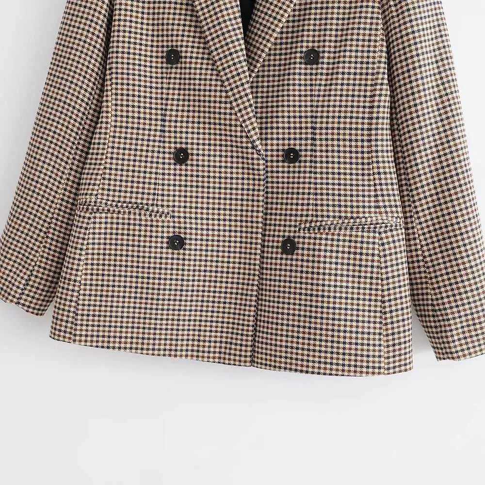 Double Breasted Khaki Lapel Collar Checkered Blazer Suit Womens